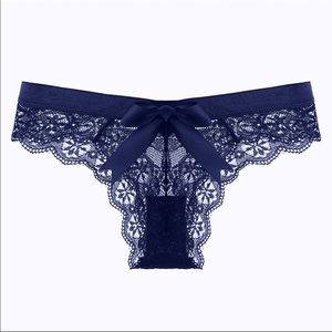 NAVY BLUE sexy lace bow thong transparent panty in navy blue lace